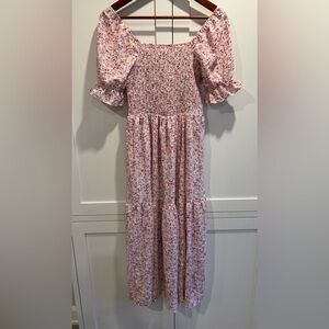 Floral Pink Long Maxi Smocked Dress Ruffle Sleeves Size Small